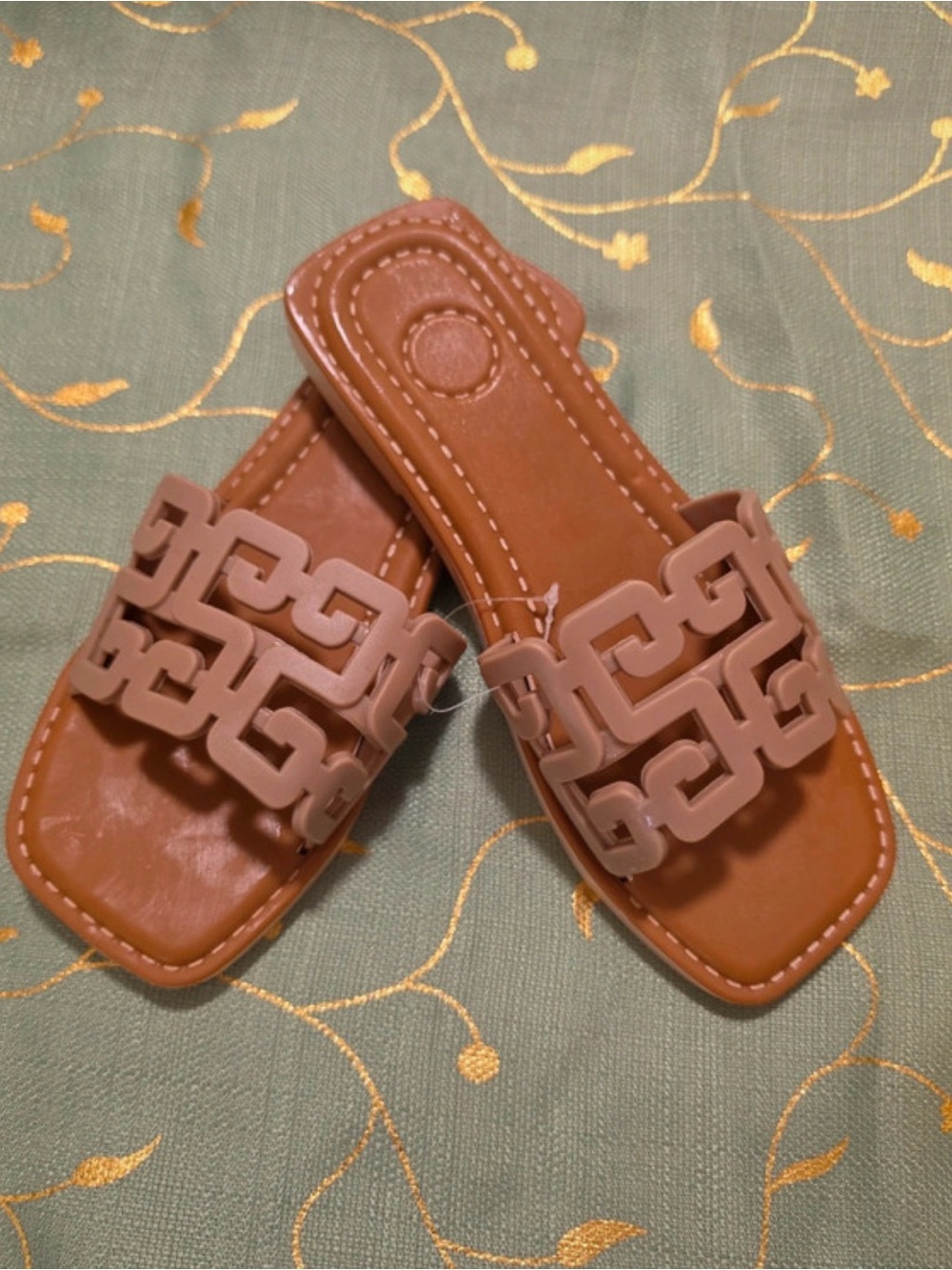 Women's Tan Slide Sandals with Decorative Strap